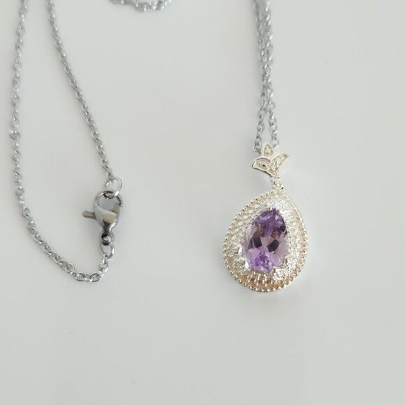 Purple Amethyst Pendant Necklace Stainless Steel Chain - Picture 6 of 9